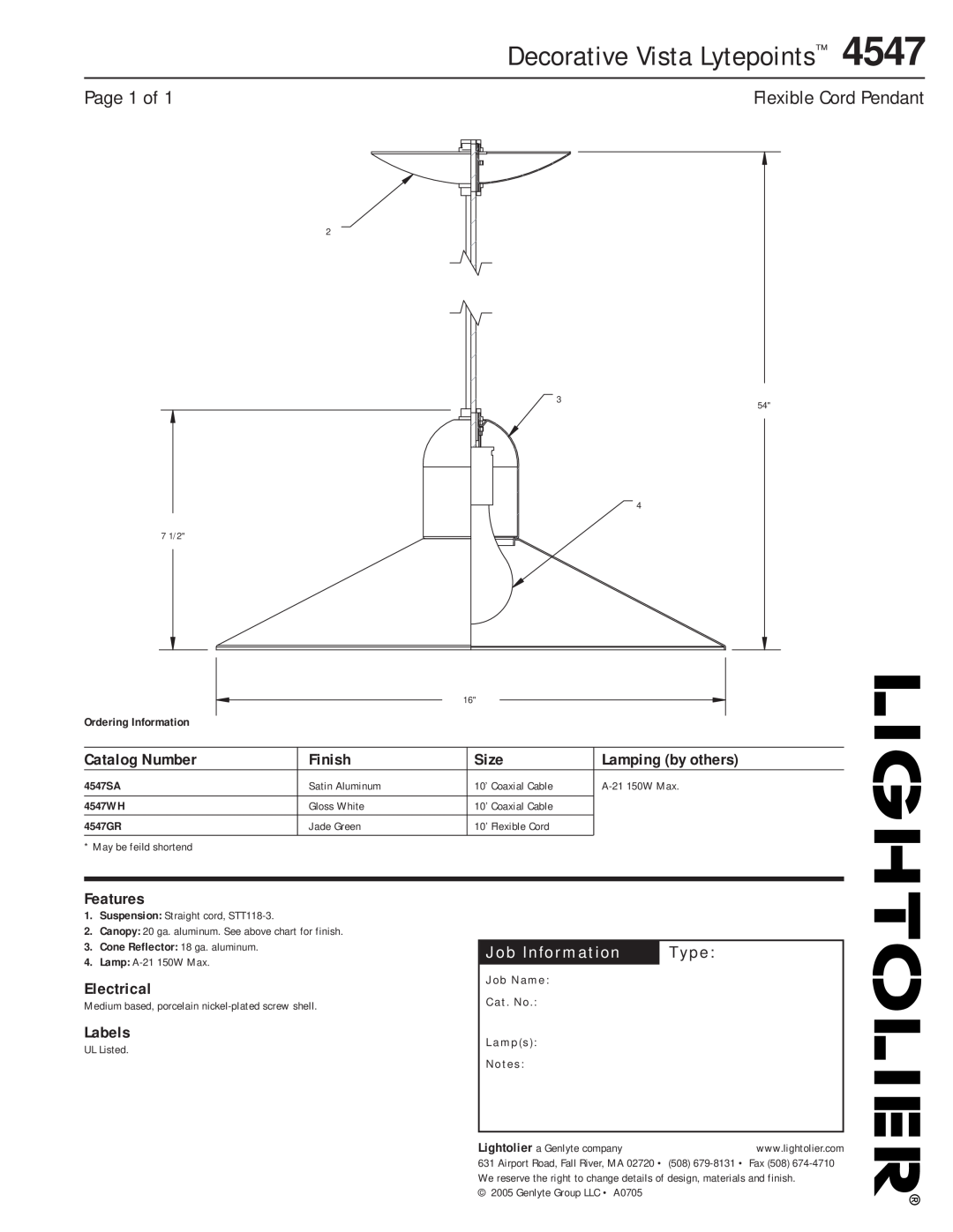 Lightolier 4547 manual Decorative Vista Lytepoints, Page 1 of, Flexible Cord Pendant, Catalog Number, Finish, Size, Labels 