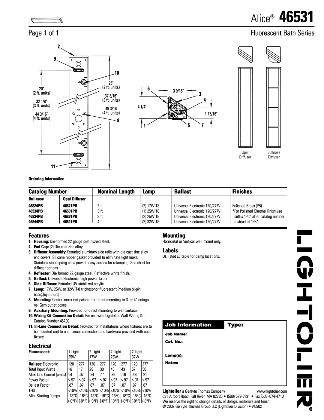 Lightolier 46531 manual Alice, Page 1 of, Fluorescent Bath Series, Catalog Number, Lamp, Ballast, Finishes, Features, Type 