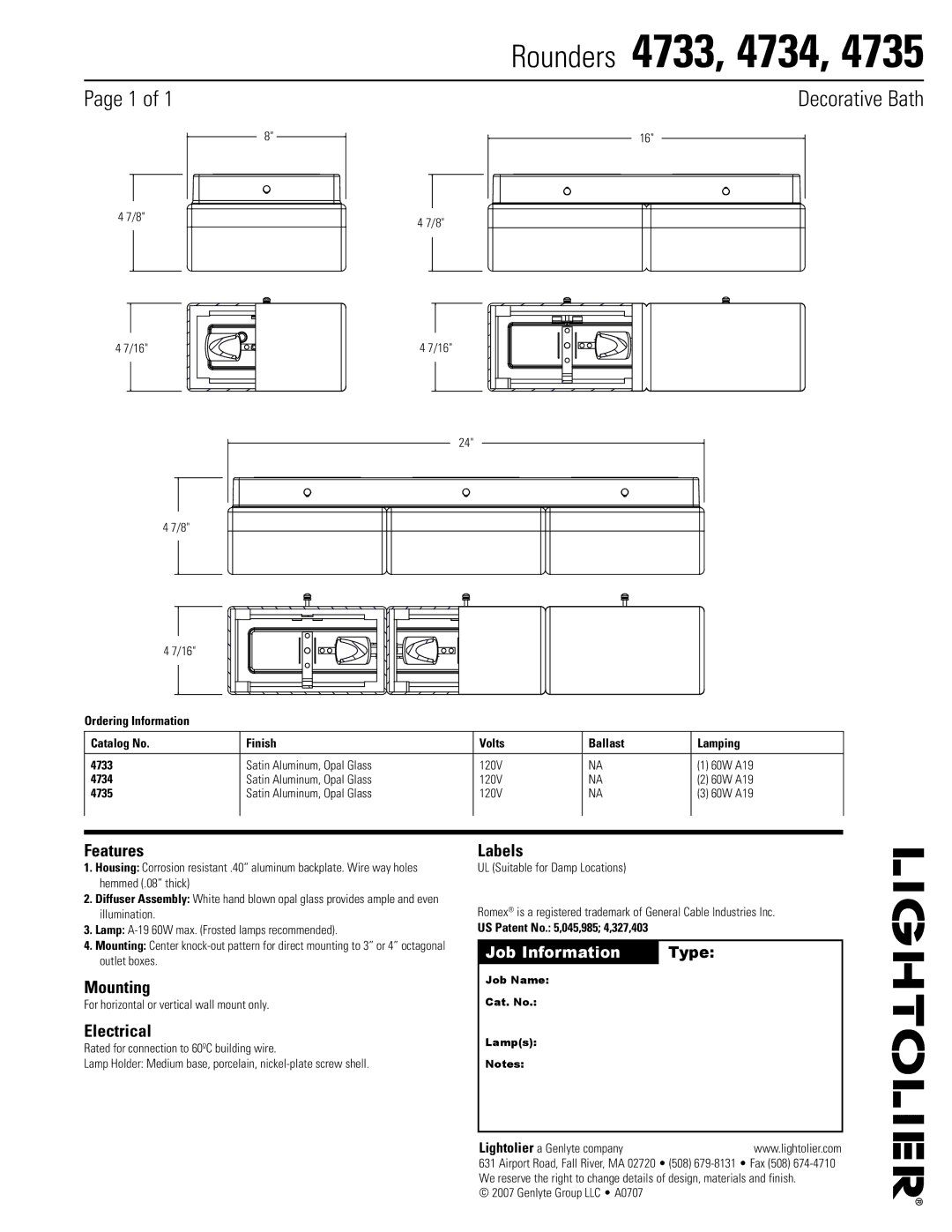 Lightolier 4735 manual Rounders 4733, 4734, Decorative Bath 