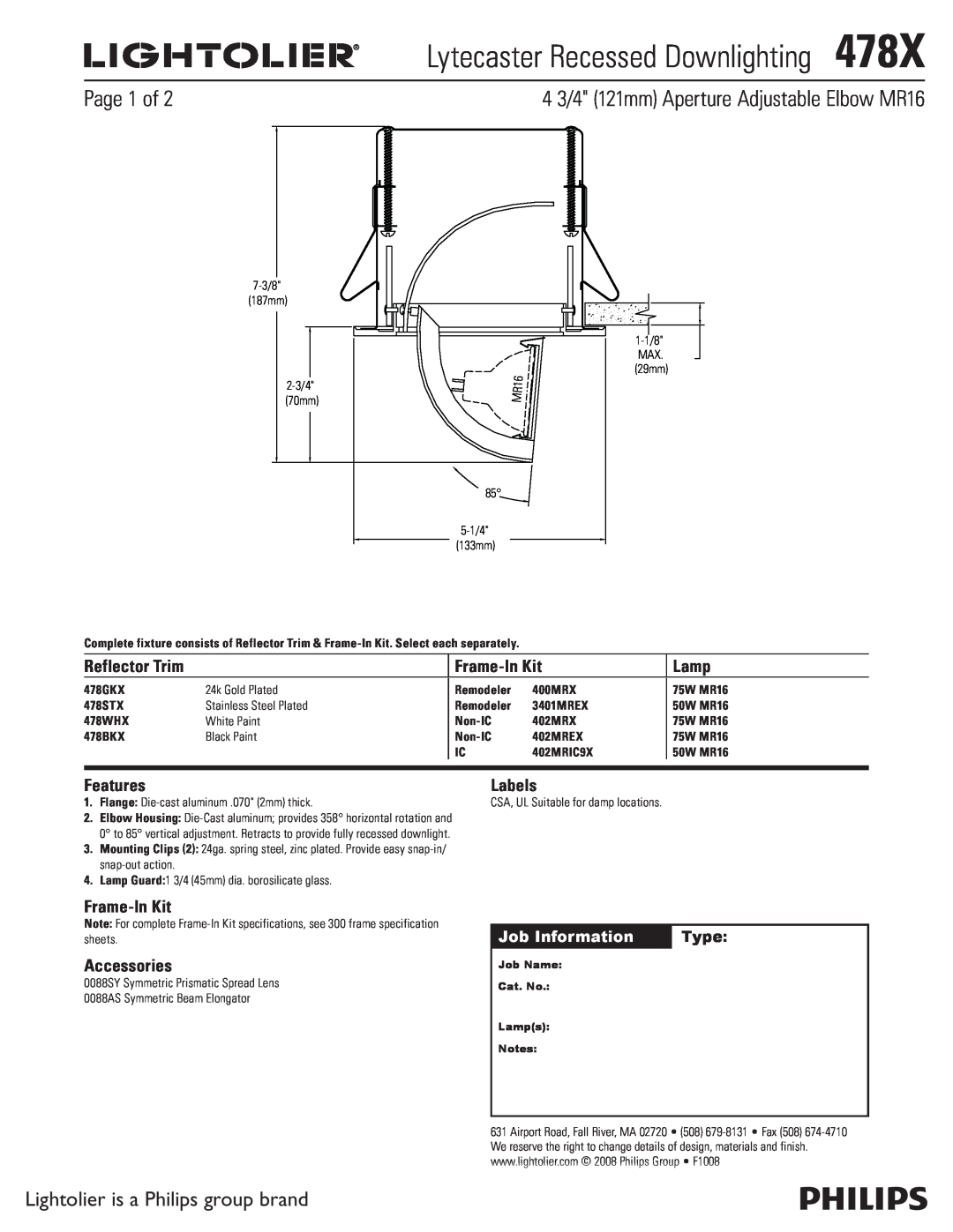 Lightolier specifications Lytecaster Recessed Downlighting478X, 4 3/4 121mm Aperture Adjustable Elbow MR16, Page 1 of 