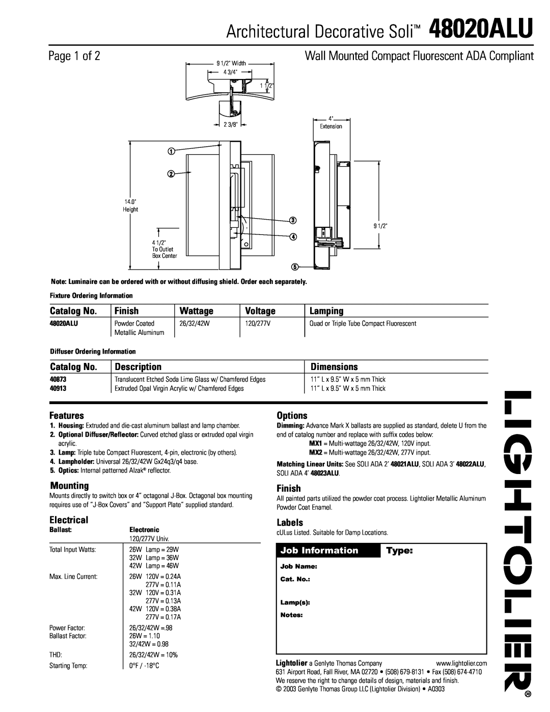 Lightolier 48020ALU dimensions Page 1 of, Wall Mounted Compact Fluorescent ADA Compliant 