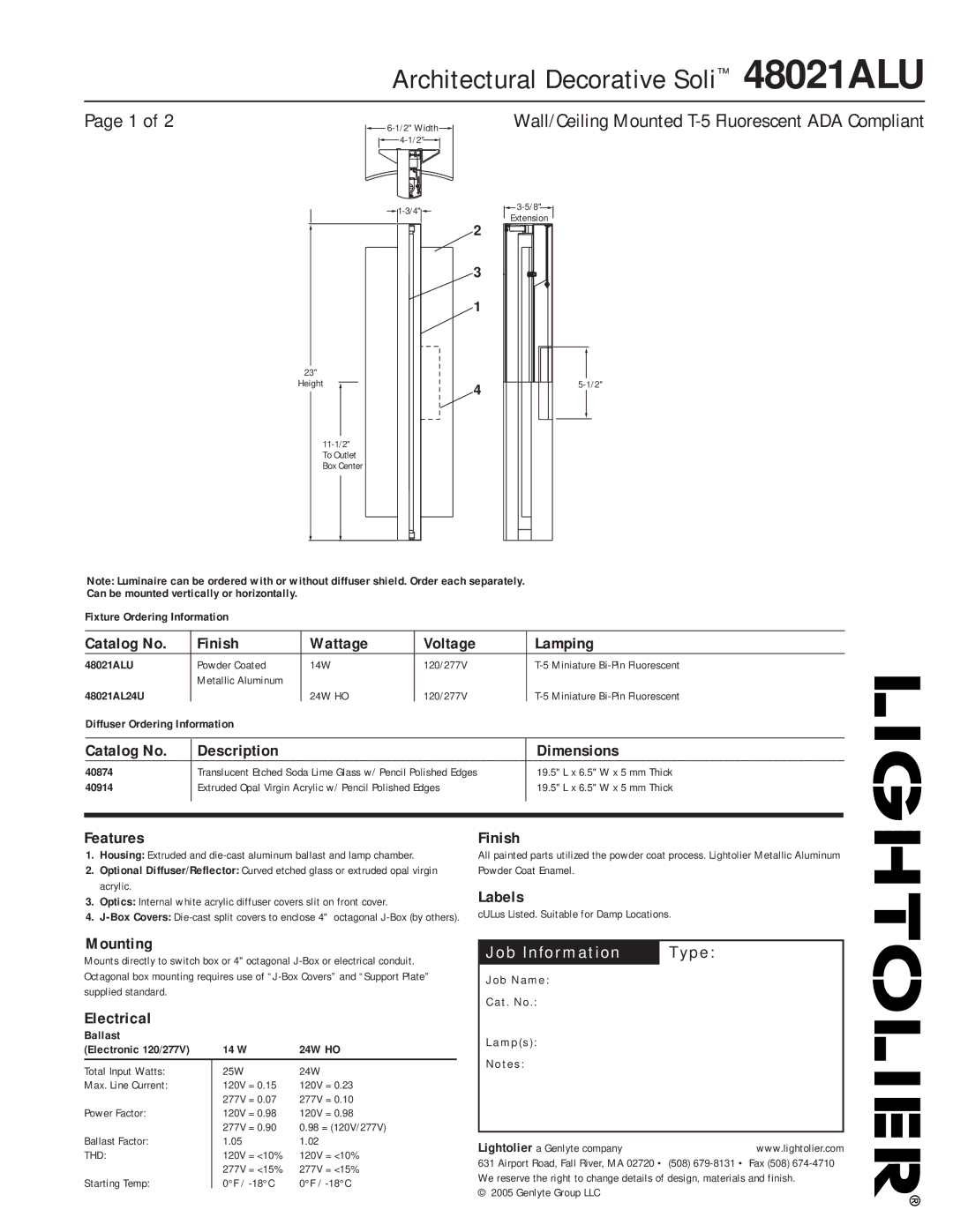 Lightolier 48021ALU dimensions Catalog No Finish Wattage Voltage Lamping, Catalog No Description Dimensions, Features 