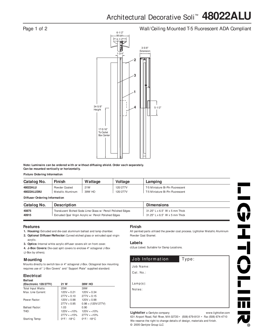 Lightolier dimensions Architectural Decorative Soli 48022ALU, Page 1 of 