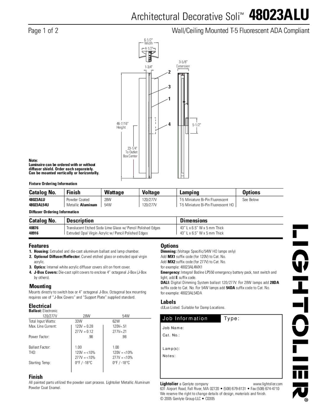 Lightolier 48023ALU dimensions Catalog No Finish Wattage Voltage Lamping Options, Catalog No Description Dimensions 