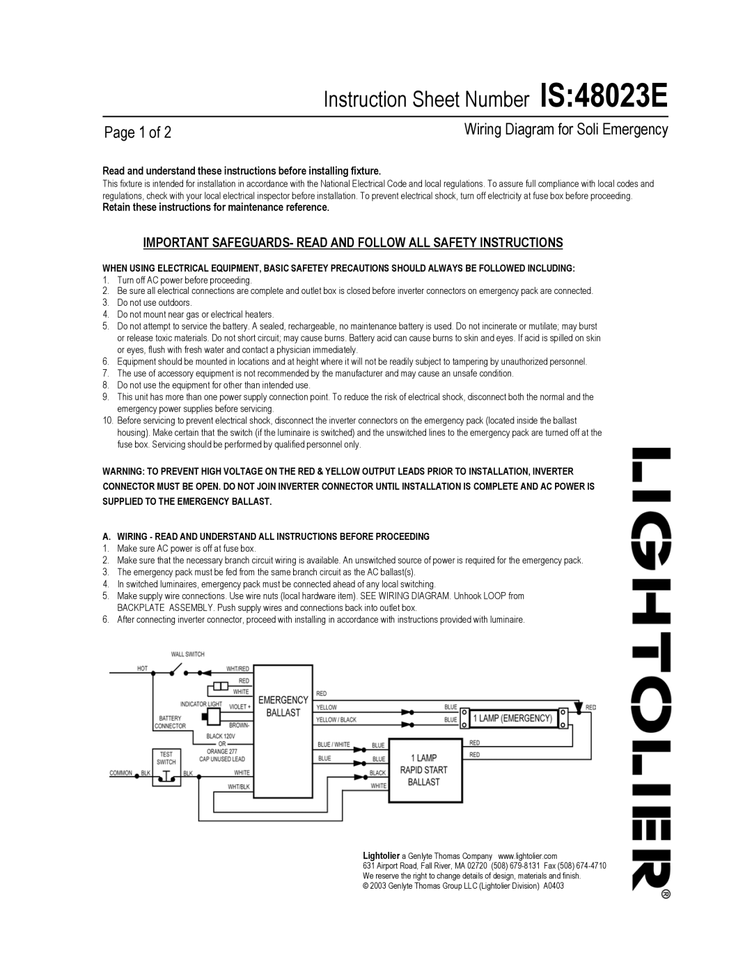 Lightolier instruction sheet Instruction Sheet Number IS48023E, Wiring Diagram for Soli Emergency 