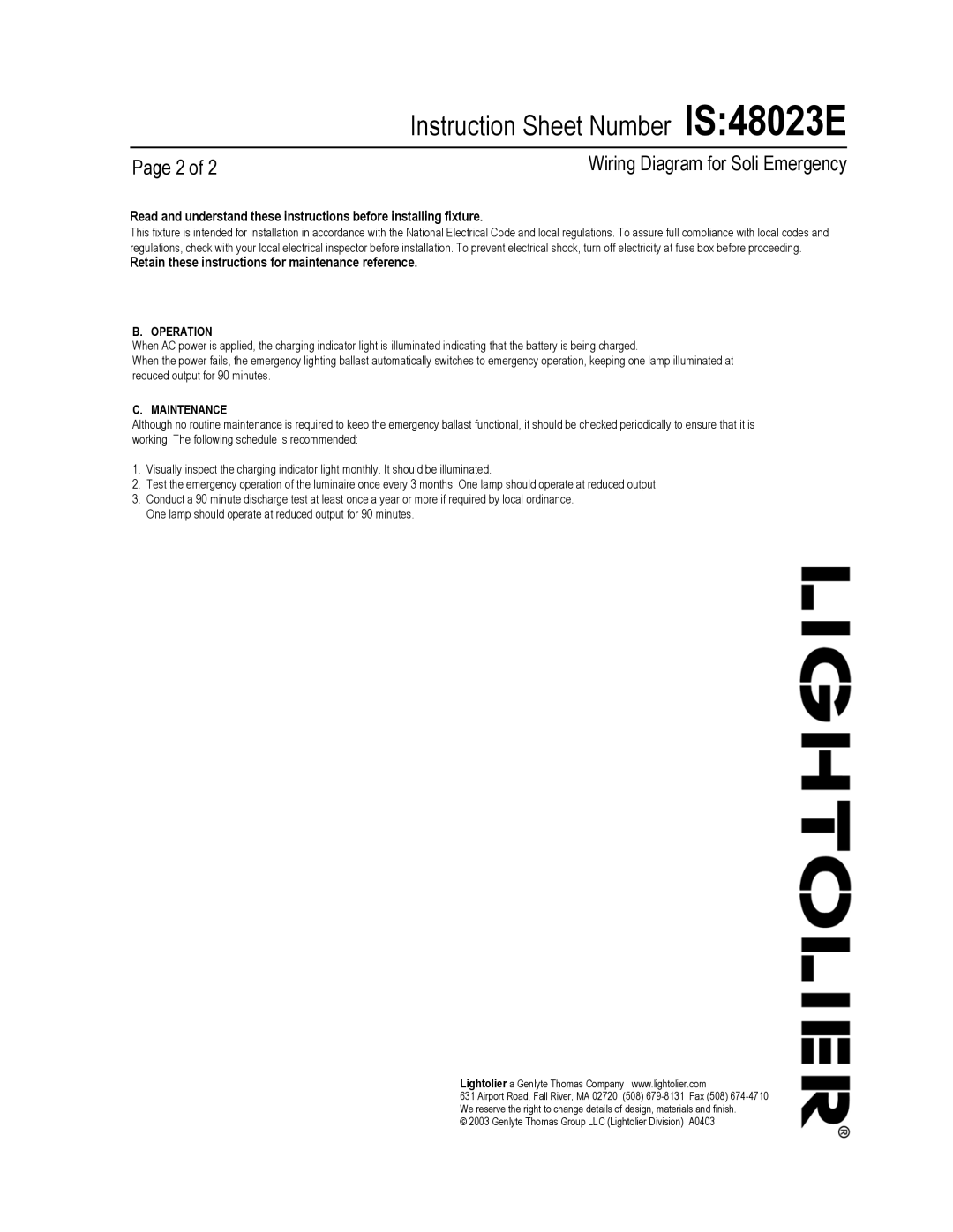 Lightolier 48023E instruction sheet Operation, Maintenance 