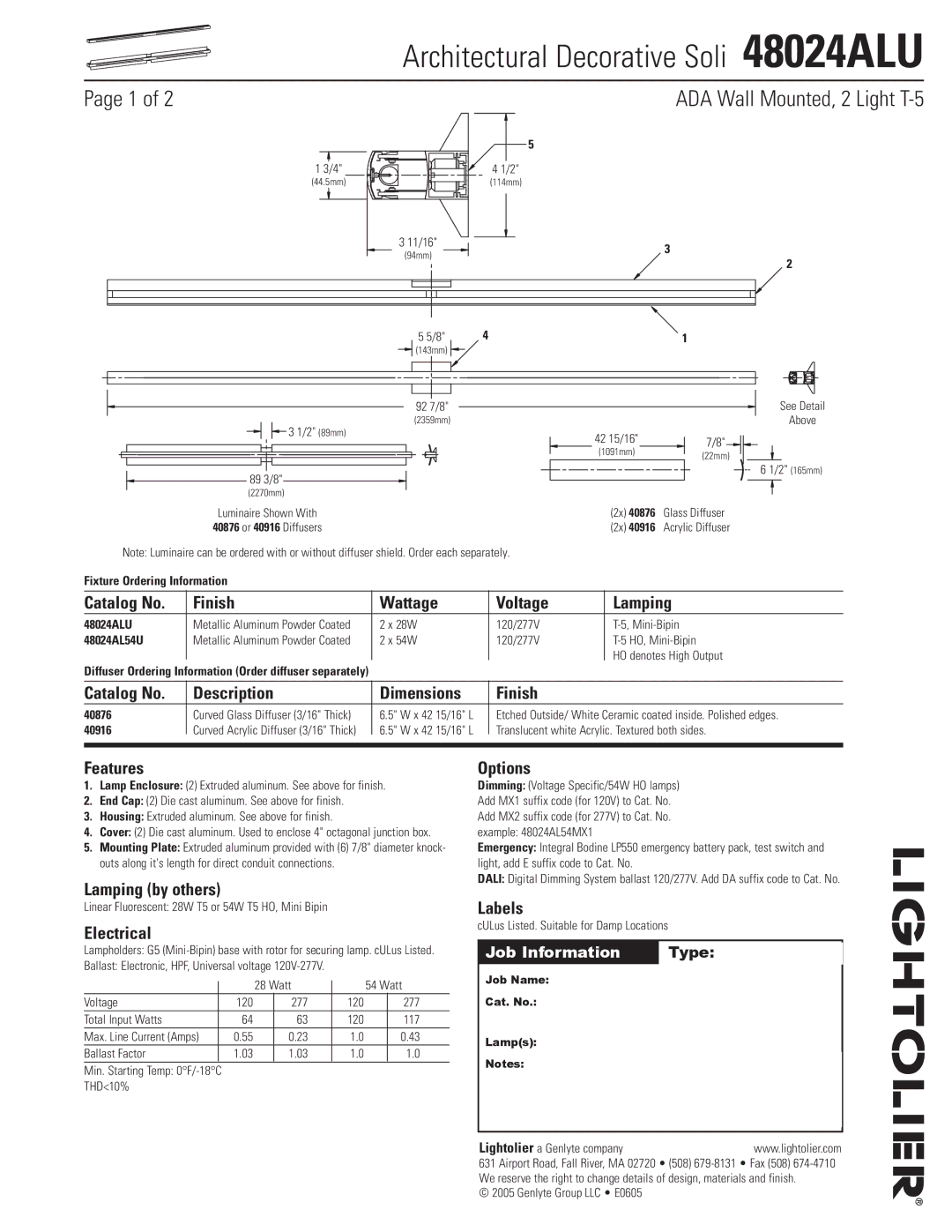 Lightolier 48024ALU dimensions Catalog No Finish Wattage Voltage Lamping, Catalog No Description Dimensions Finish, Labels 