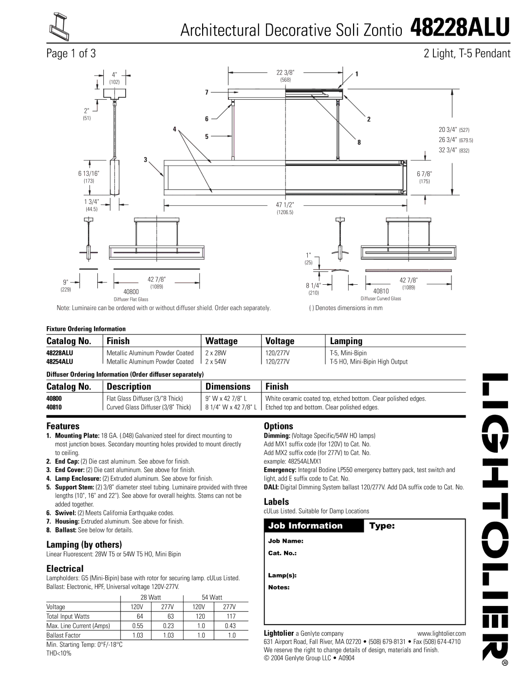 Lightolier 48228ALU dimensions Catalog No Finish Wattage Voltage Lamping, Catalog No Description Dimensions Finish, Labels 