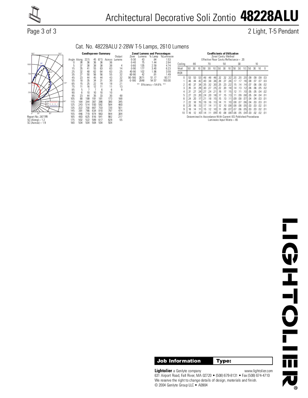 Lightolier 48228ALU dimensions Cat. No ALU 2-28W T-5 Lamps, 2610 Lumens 