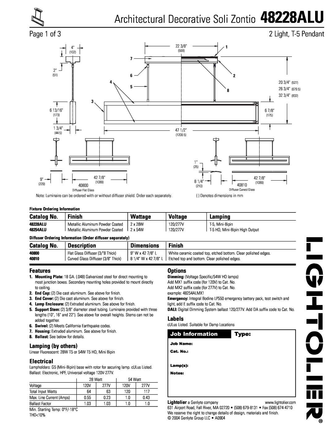 Lightolier dimensions Architectural Decorative Soli Zontio 48228ALU, Page 1 of 
