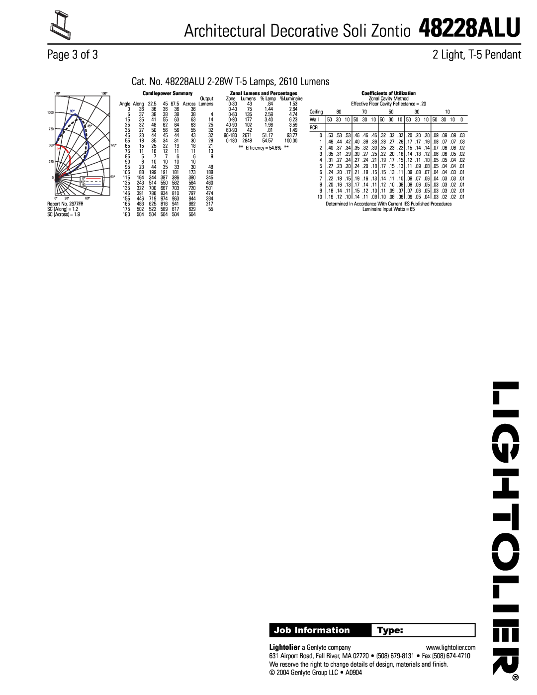 Lightolier dimensions Page 3 of, Architectural Decorative Soli Zontio 48228ALU, Light, T-5Pendant, Job Information, Type 
