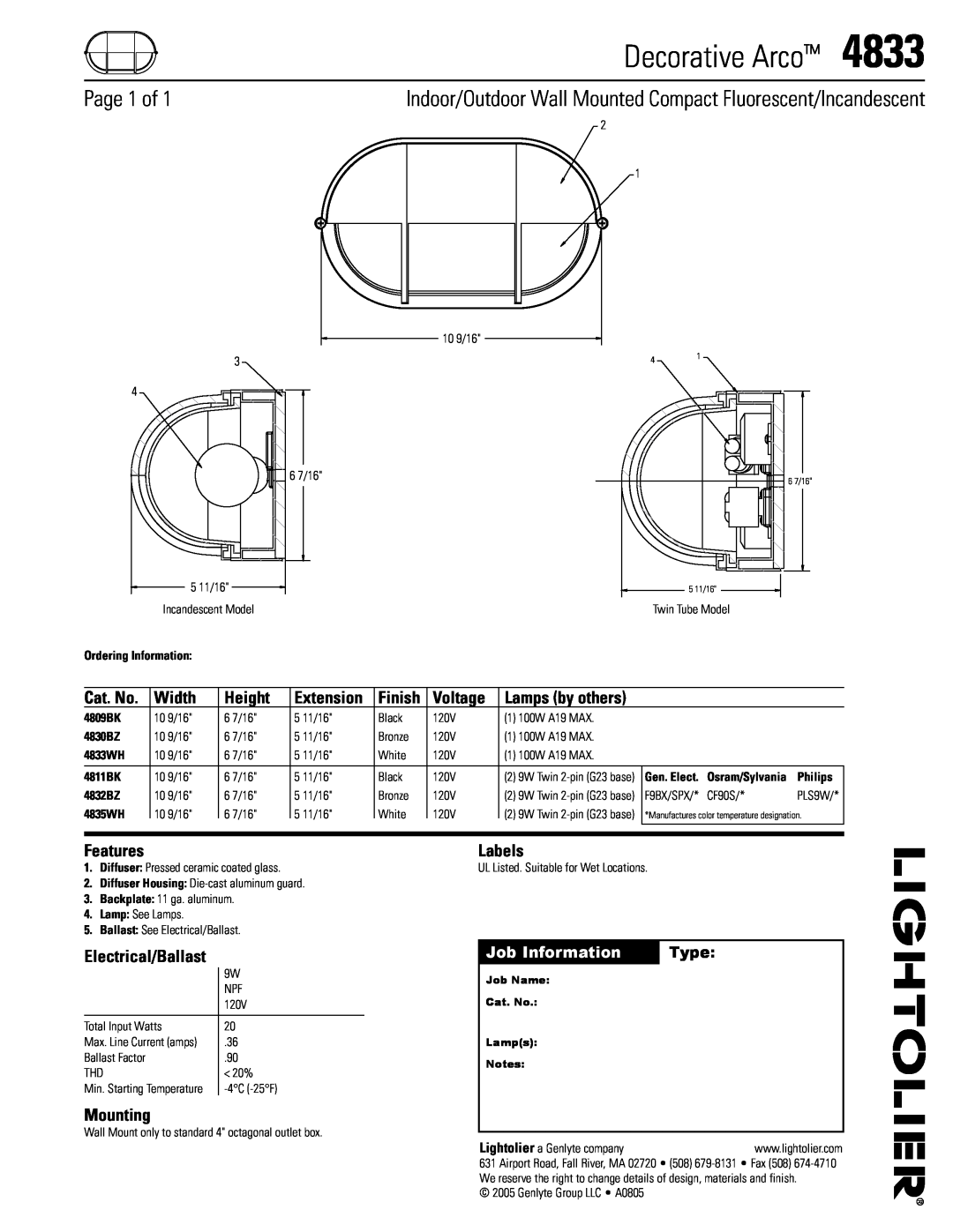 Lightolier 4833 manual Decorative Arco, Page 1 of, Cat. No, Height, Voltage, Features, Labels, Electrical/Ballast, Width 