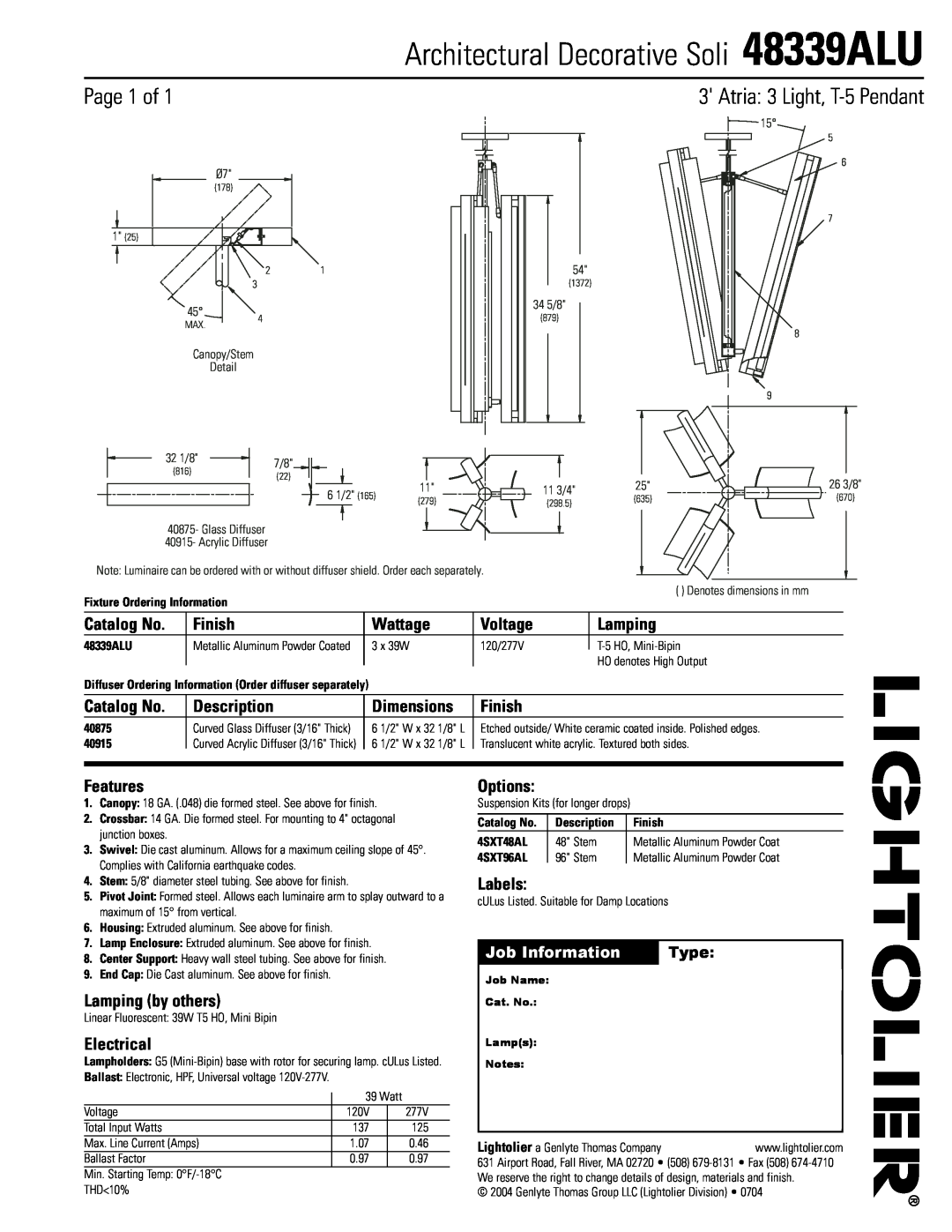 Lightolier dimensions Architectural Decorative Soli 48339ALU, Page 1 of, Atria 3 Light, T-5Pendant 