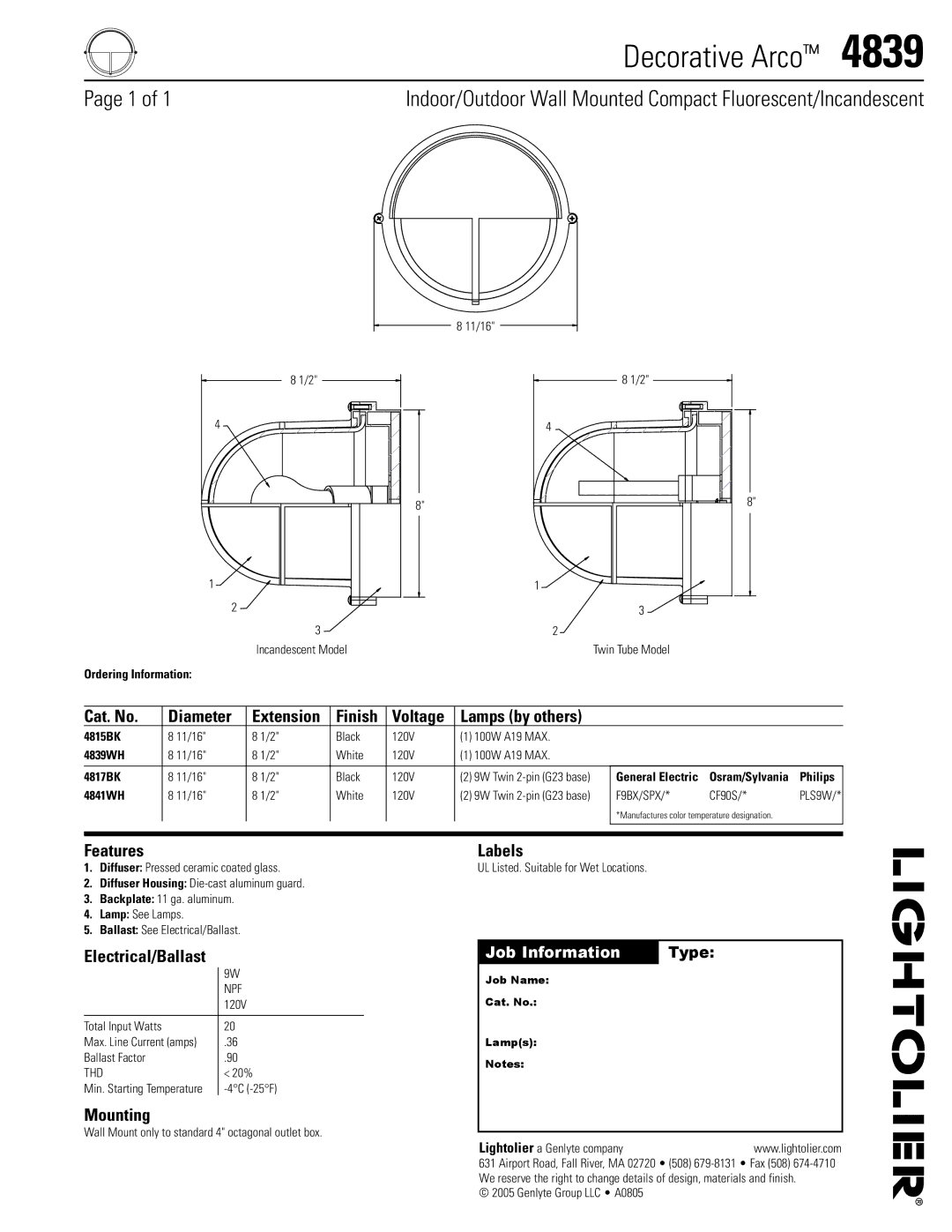 Lightolier 4839 manual Decorative Arco 