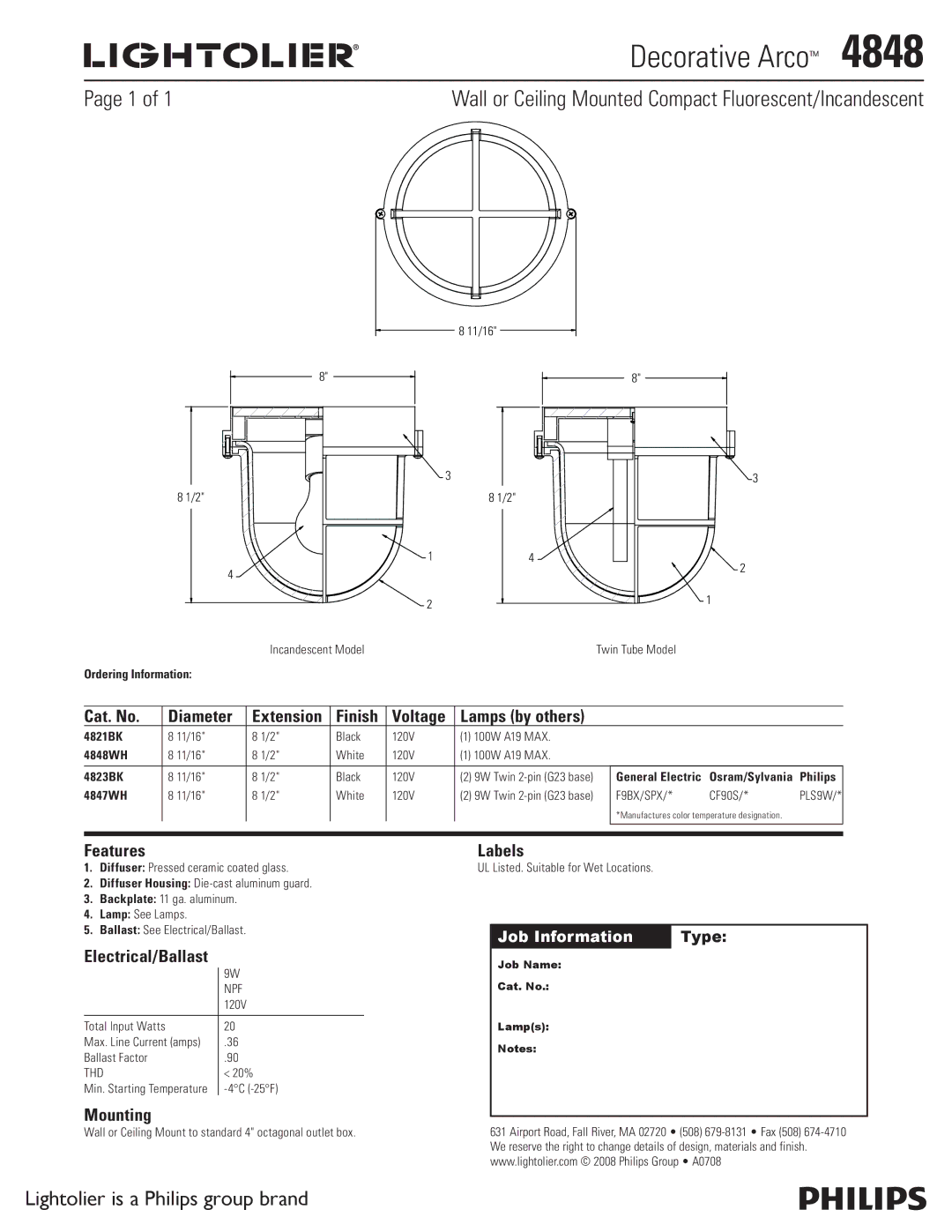 Lightolier 4848 manual Decorative Arco, Wall or Ceiling Mounted Compact Fluorescent/Incandescent 