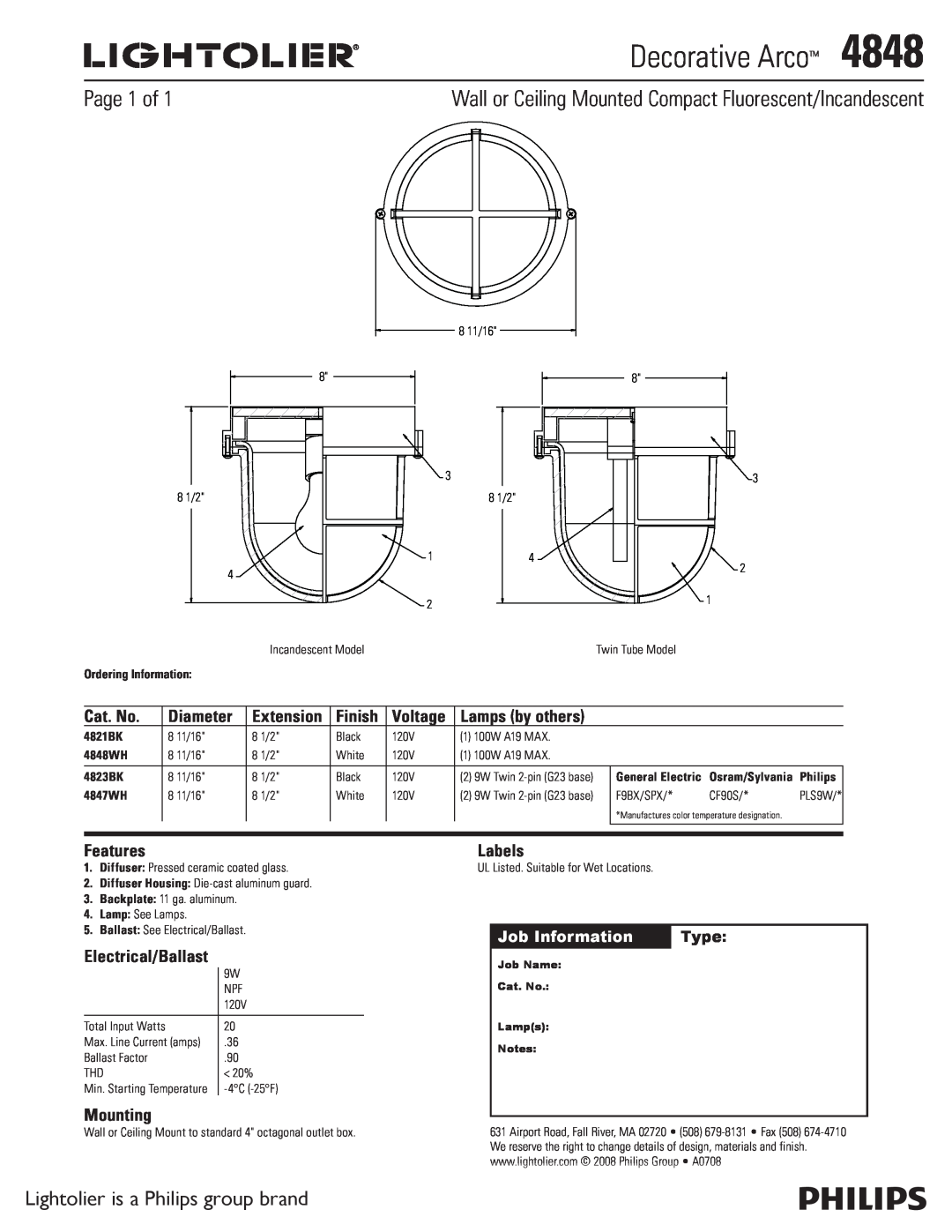 Lightolier 4848 manual Decorative Arco, Page 1 of, Lightolier is a Philips group brand, Cat. No, Diameter, Finish, Voltage 