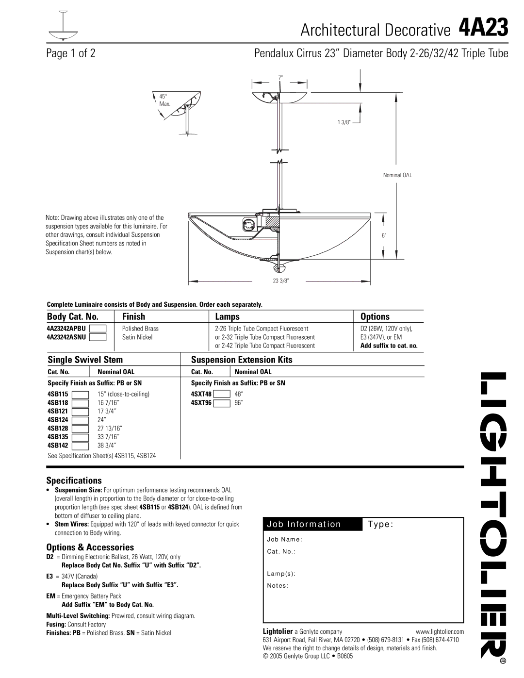 Lightolier 4A23 specifications Body Cat. No Finish Lamps Options, Single Swivel Stem Suspension Extension Kits 