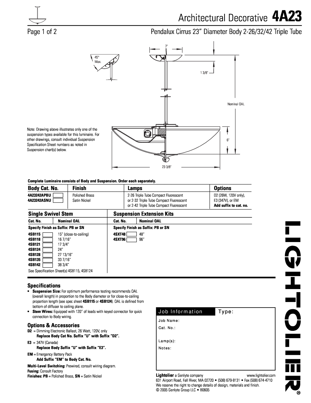 Lightolier specifications Architectural Decorative 4A23, Page 1 of, Body Cat. No, Finish, Lamps, Options, Type 