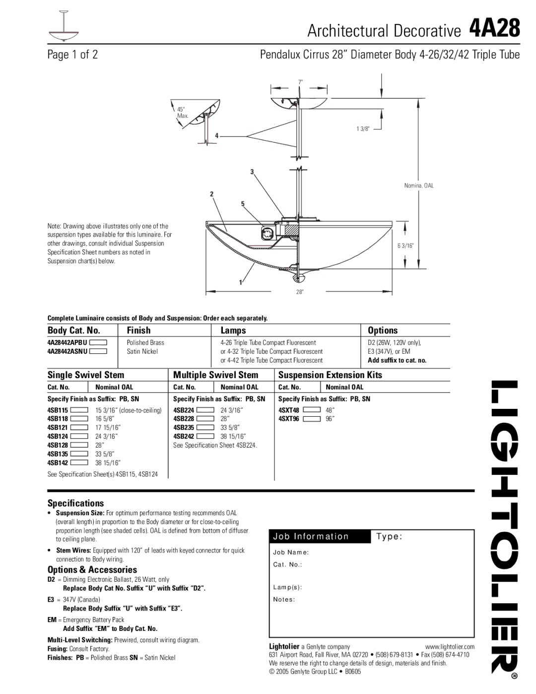 Lightolier 4A28 specifications Finish Lamps Options, Specifications, Options & Accessories 