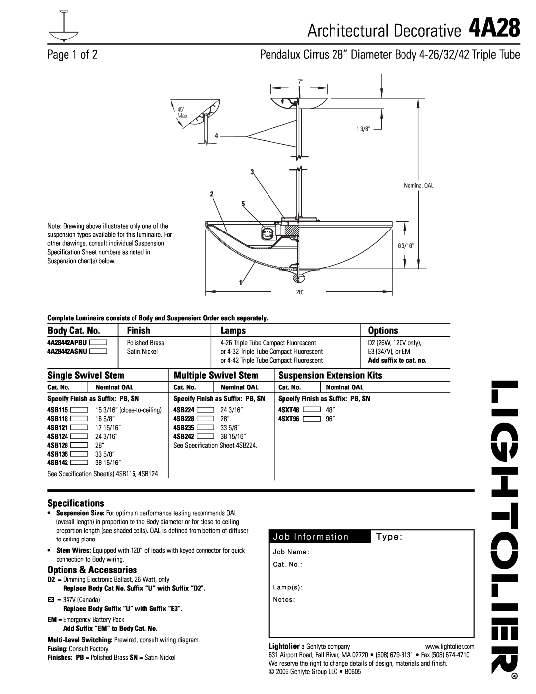 Lightolier specifications Architectural Decorative 4A28, Page 1 of, Finish, Lamps, Options, Single Swivel Stem, Type 