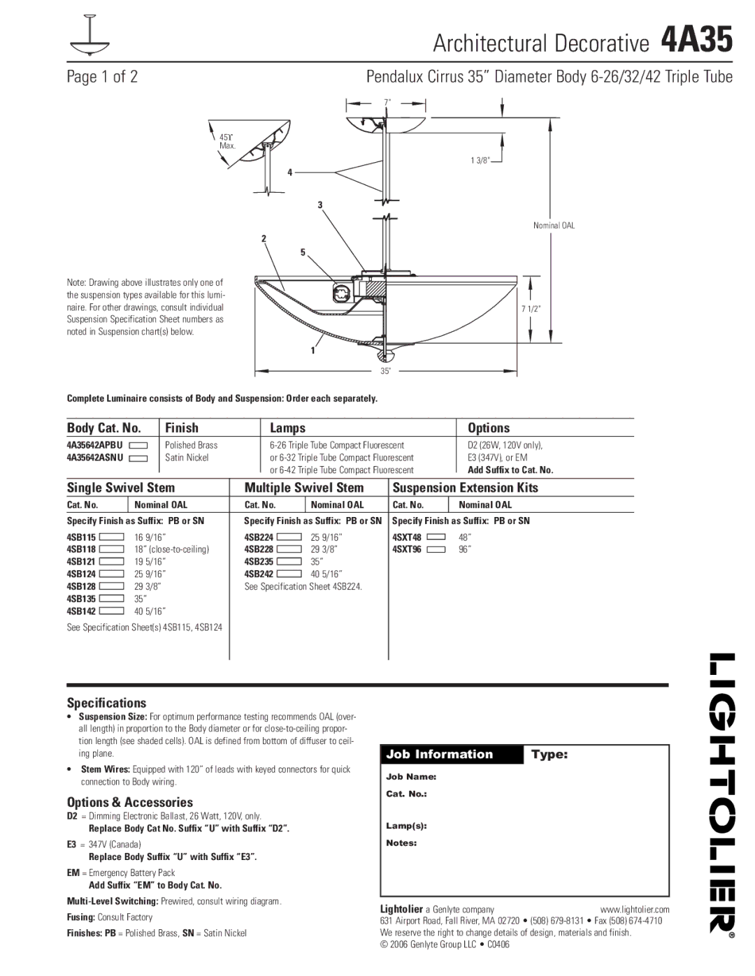 Lightolier 4A35 specifications Finish Lamps Options, Specifications, Options & Accessories 