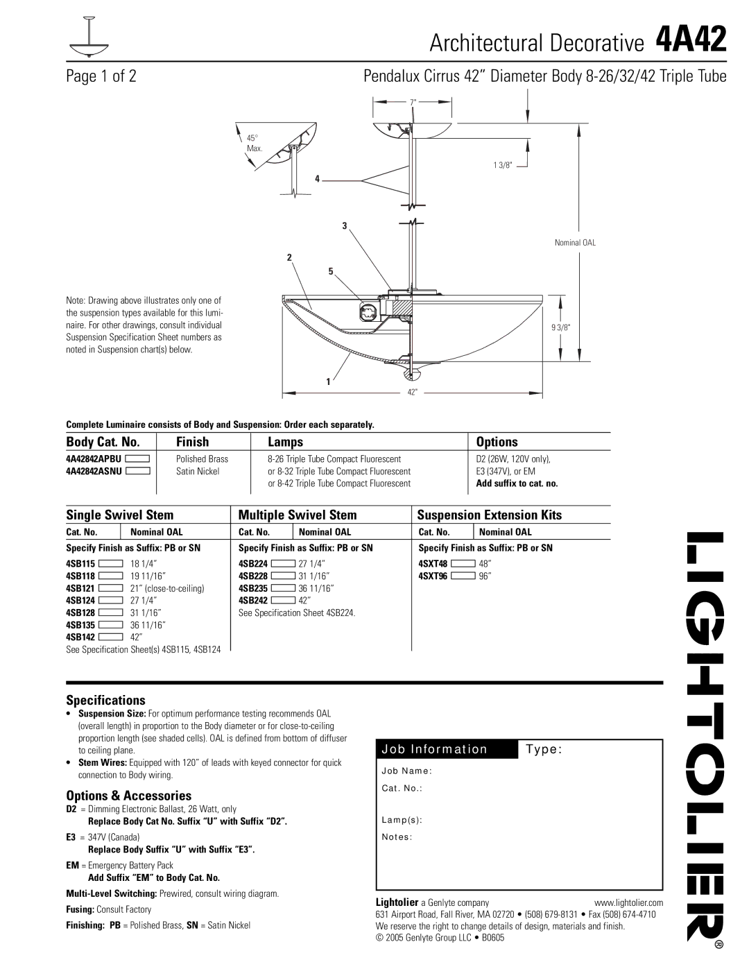 Lightolier 4A42 specifications Finish Lamps Options, Specifications, Options & Accessories 