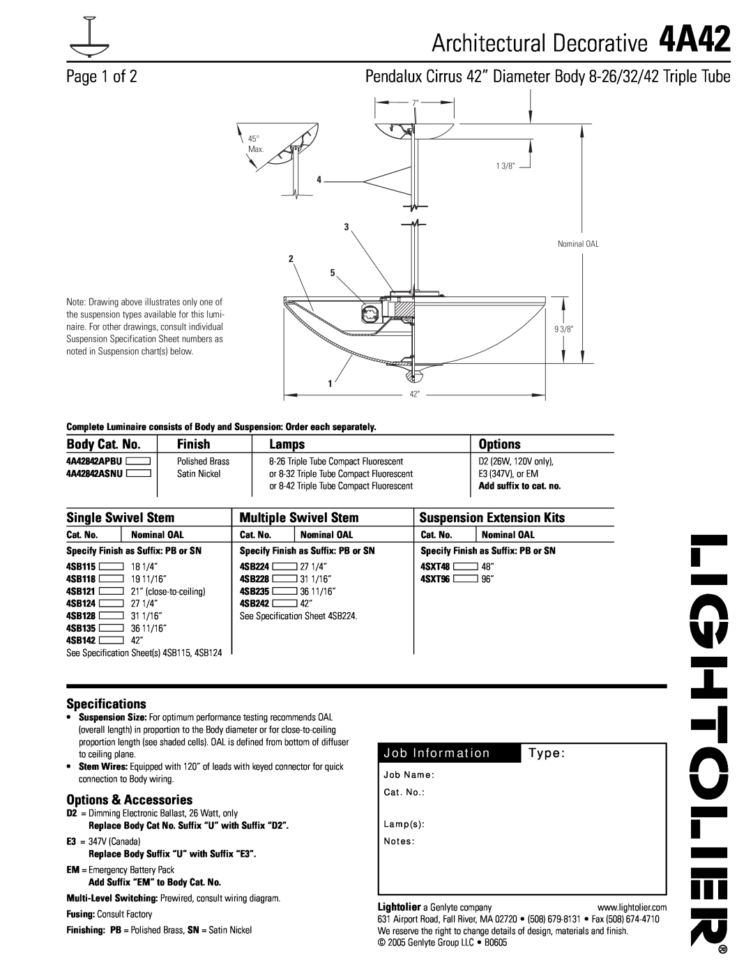 Lightolier specifications Architectural Decorative 4A42, Page 1 of, Finish, Lamps, Options, Single Swivel Stem, Type 