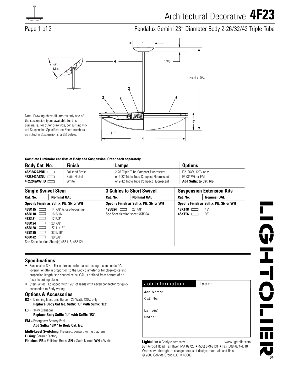 Lightolier 4F23 specifications Finish Lamps Options, Specifications, Options & Accessories 