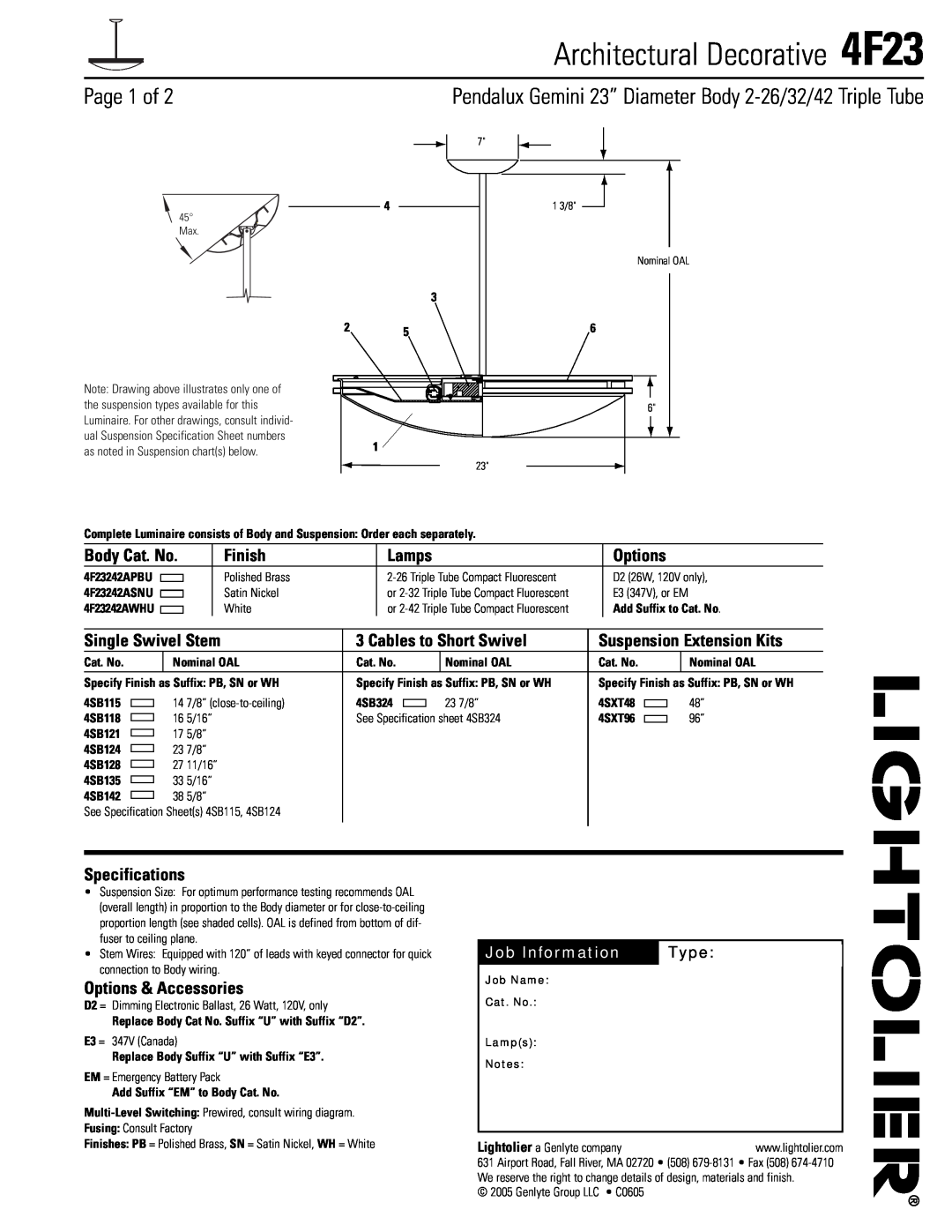 Lightolier 4F23 specifications Page 1 of, Finish, Lamps, Options, Single Swivel Stem, Cables to Short Swivel, Body Cat. No 