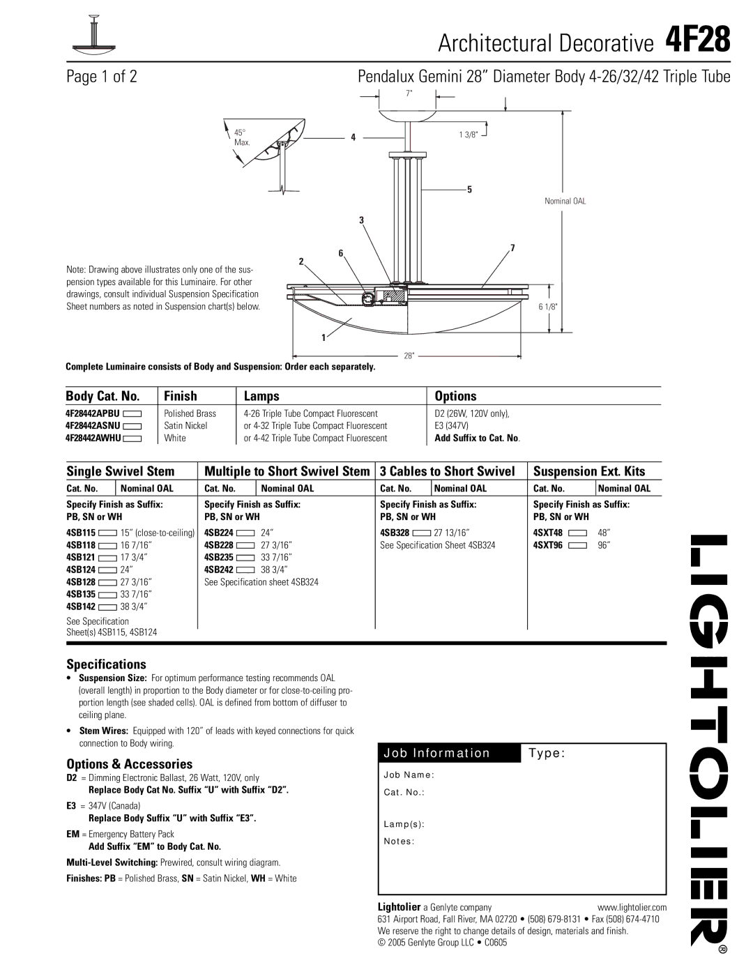 Lightolier 4F28 specifications Body Cat. No Finish Lamps Options, Single Swivel Stem, Specifications 