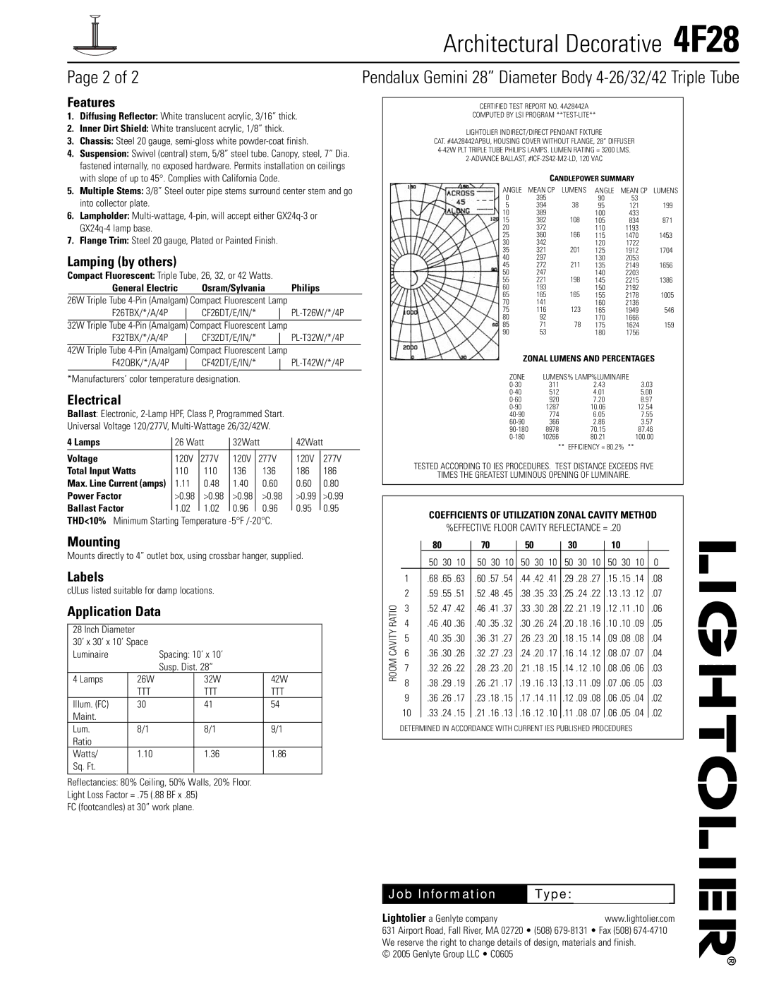 Lightolier 4F28 specifications Features, Lamping by others, Electrical, Mounting, Labels, Application Data 