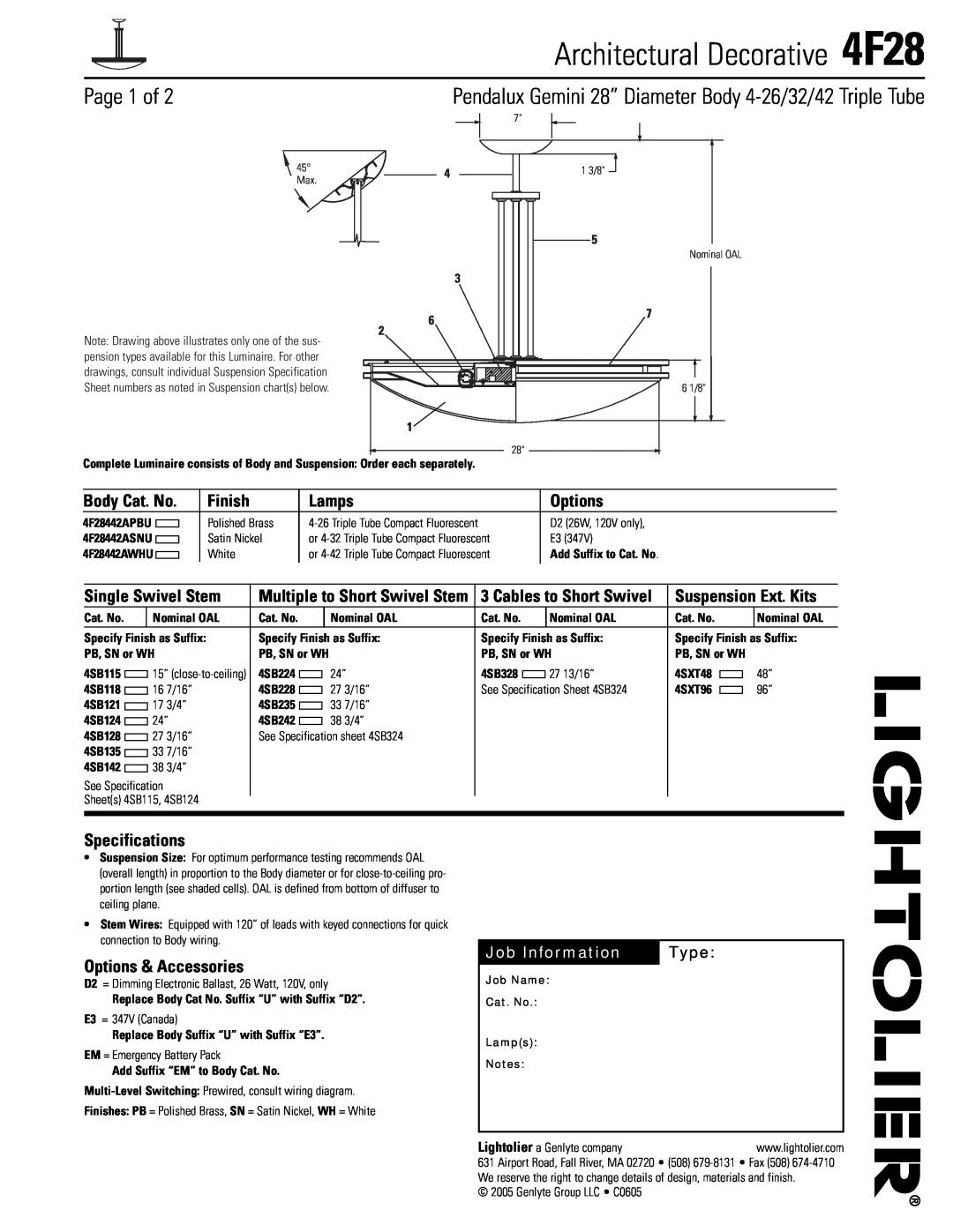 Lightolier specifications Architectural Decorative 4F28, Page 1 of, Body Cat. No, Finish, Lamps, Options, Type, 4 3 6 