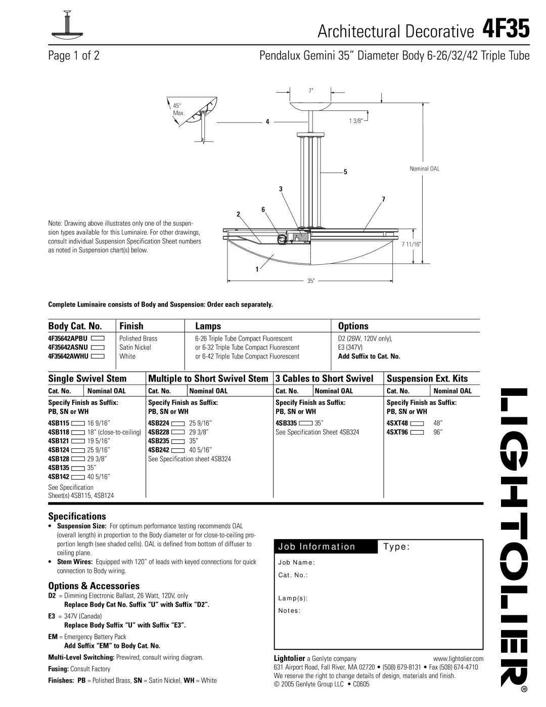 Lightolier 4F35 specifications Finish Lamps Options, Single Swivel Stem, Specifications, Options & Accessories 