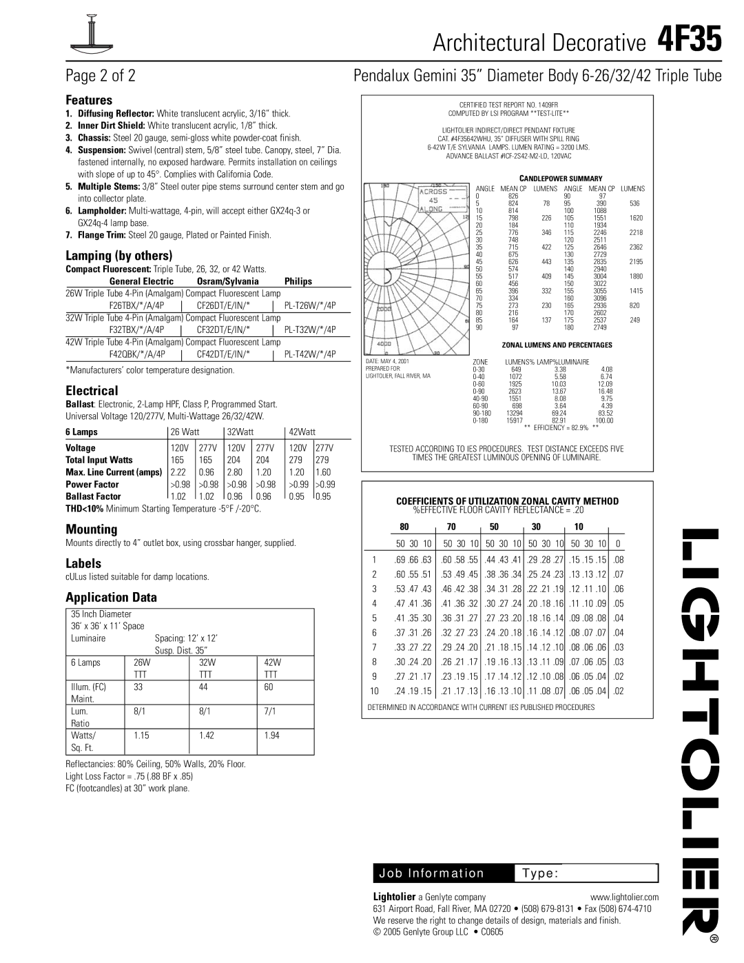 Lightolier 4F35 specifications Features, Lamping by others, Electrical, Mounting, Labels, Application Data 