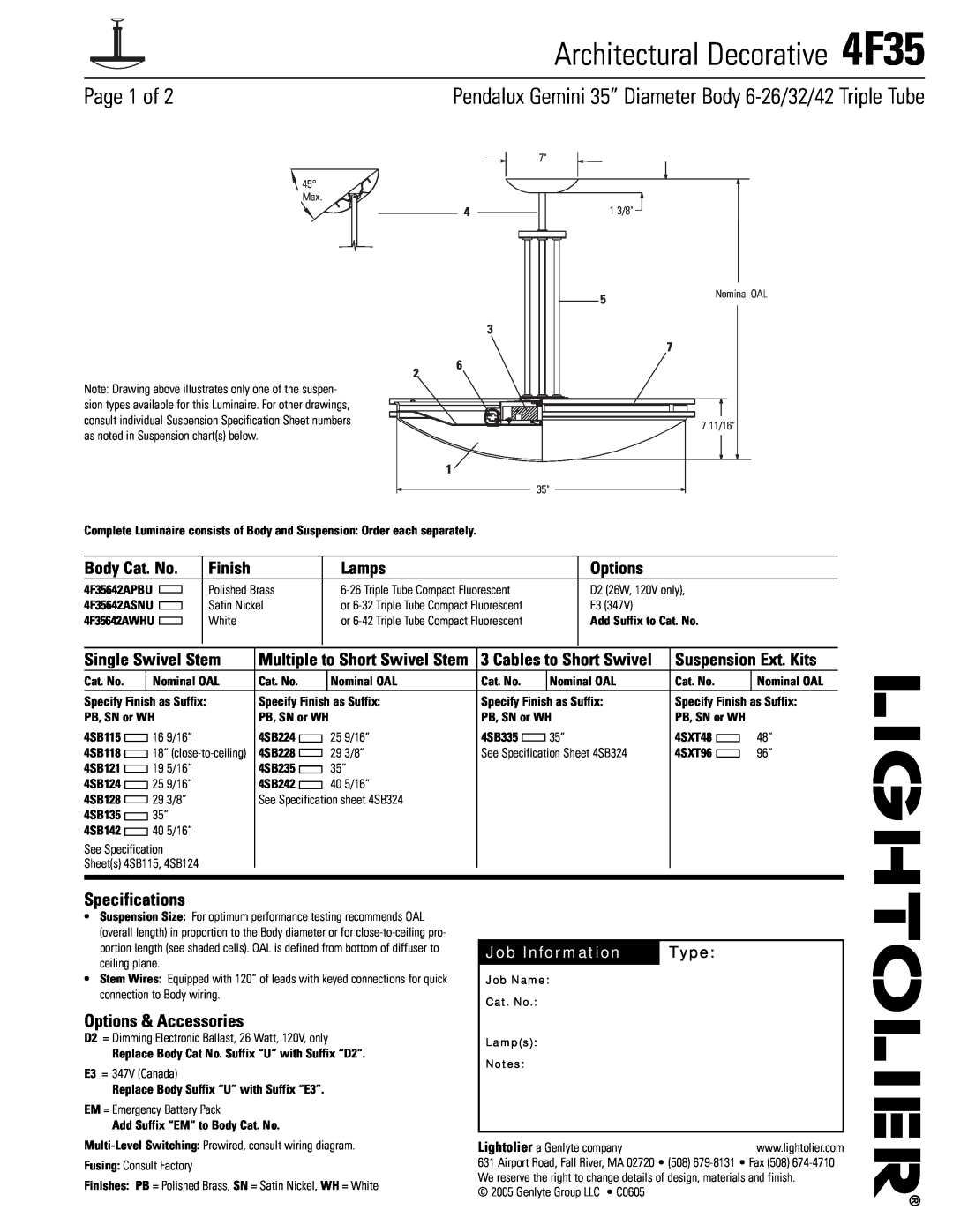 Lightolier specifications Architectural Decorative 4F35, Page 1 of, Finish, Lamps, Options, Single Swivel Stem, Type 