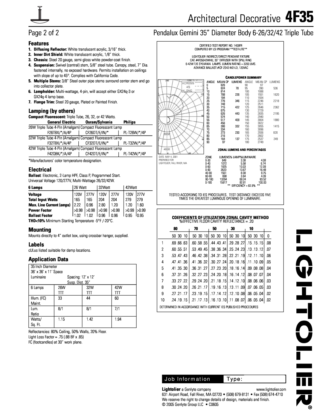 Lightolier 4F35 specifications Page 2 of, Features, Lamping by others, Electrical, Mounting, Labels, Application Data, Type 