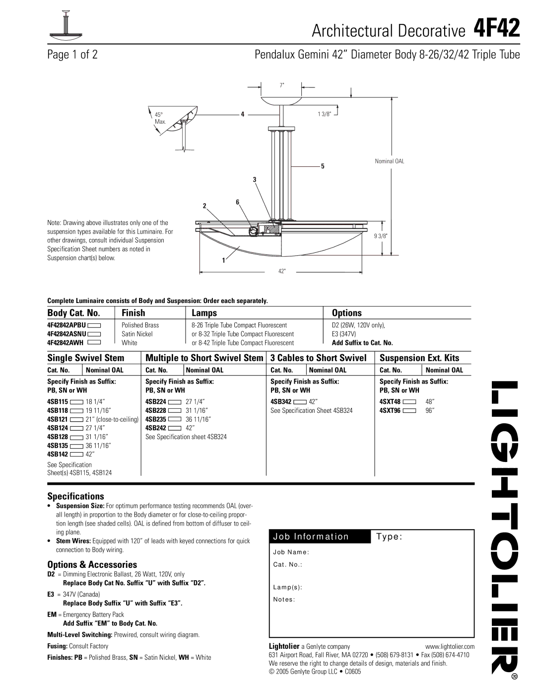 Lightolier 4F42 specifications Body Cat. No Finish Lamps Options, Single Swivel Stem, Specifications 