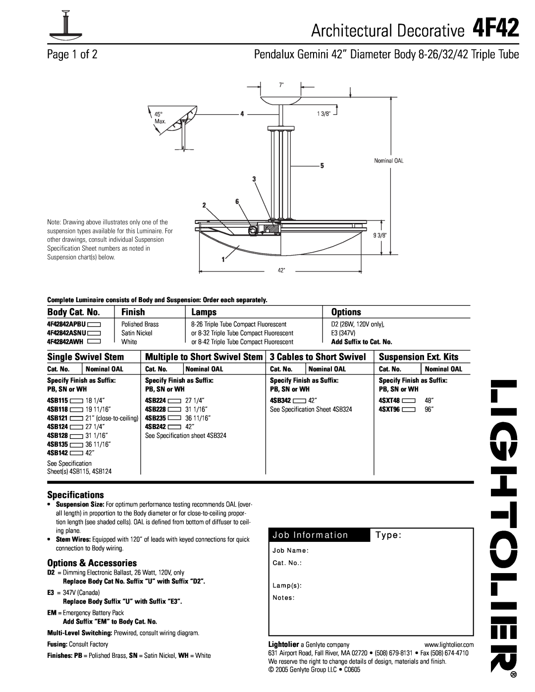 Lightolier specifications Architectural Decorative 4F42, Page 1 of, Body Cat. No, Finish, Lamps, Options, Type 