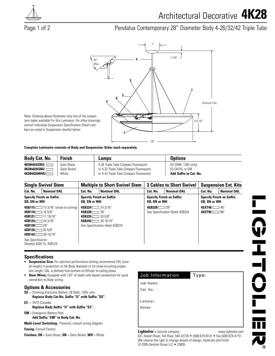 Lightolier 4K28 specifications Body Cat. No Finish Lamps Options, Single Swivel Stem, Specifications 