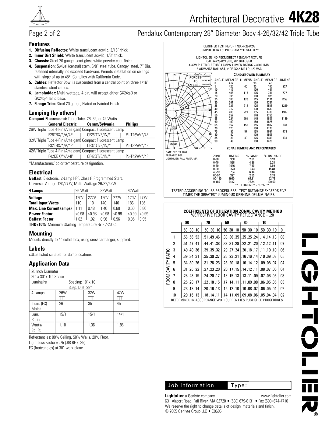 Lightolier 4K28 specifications Features, Lamping by others, Electrical, Mounting, Labels, Application Data 