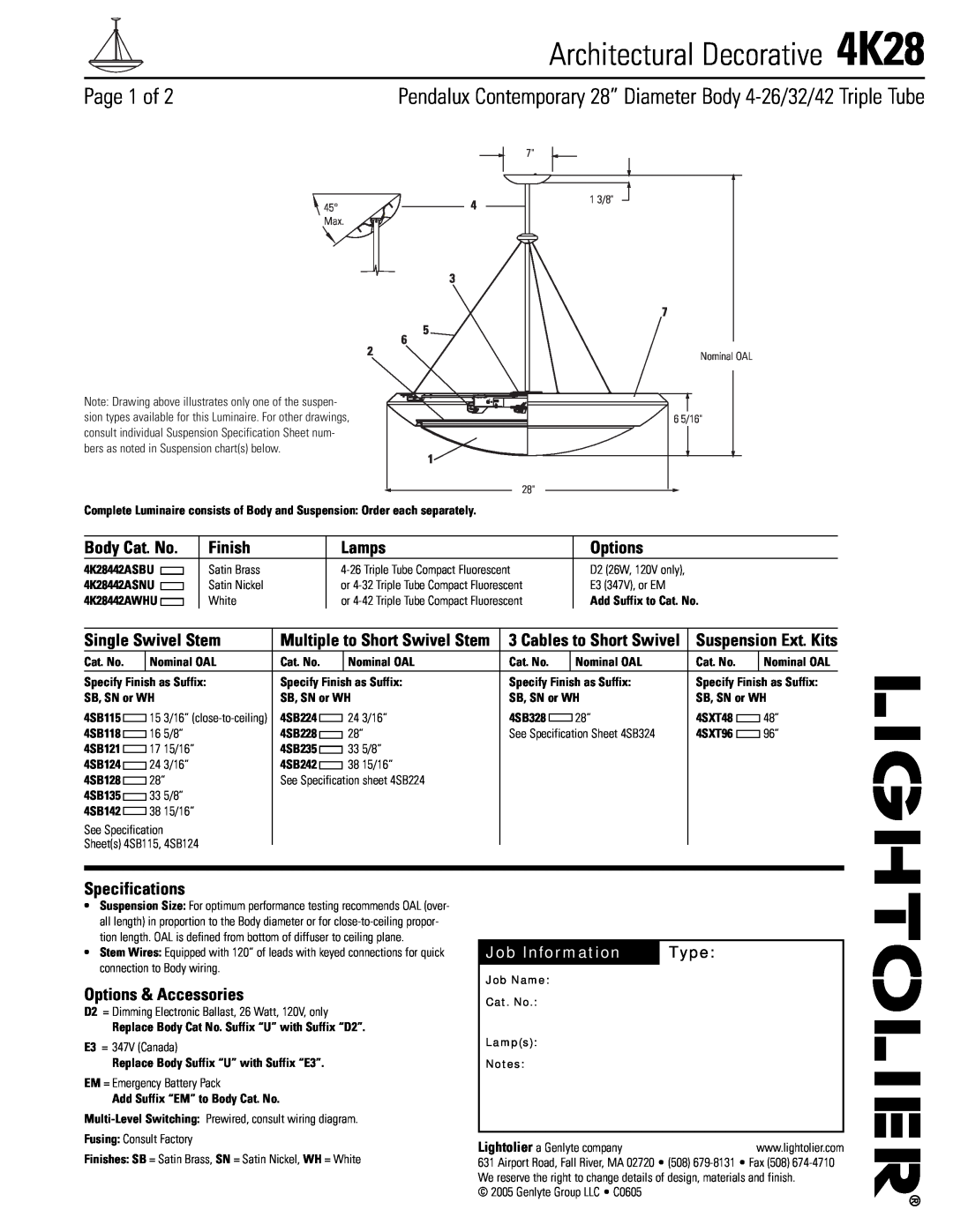 Lightolier specifications Architectural Decorative 4K28, Page 1 of, Body Cat. No, Finish, Lamps, Options, Type 