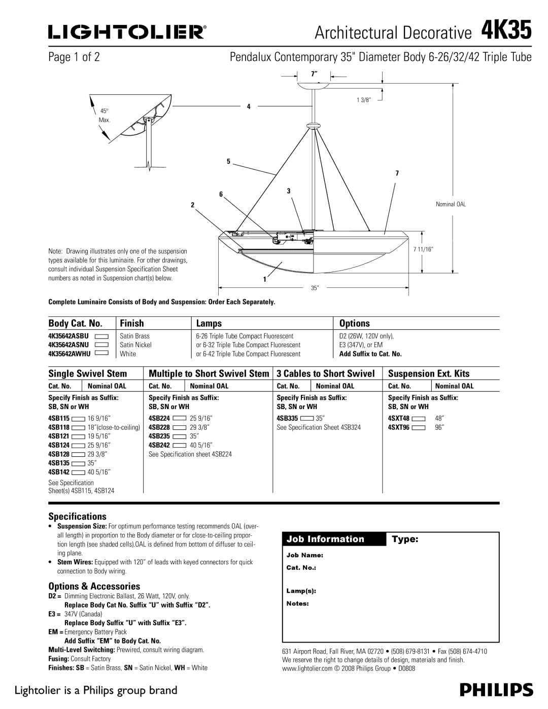 Lightolier 4K35 specifications Body Cat. No Finish Lamps Options, Single Swivel Stem, Suspension Ext. Kits, Specifications 