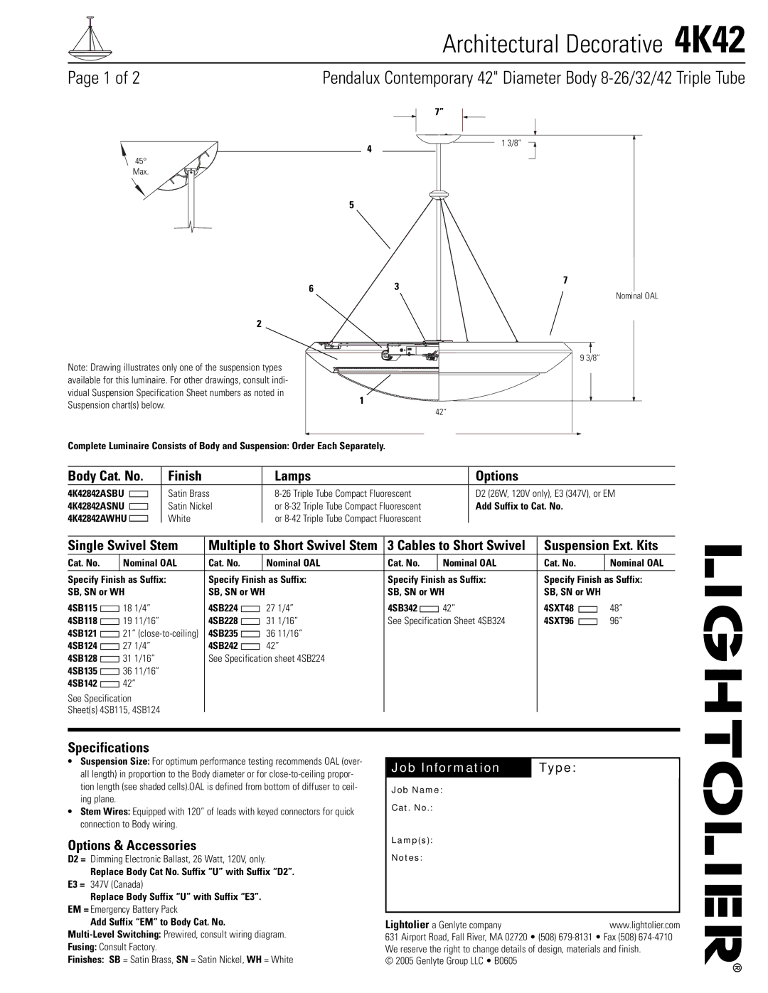 Lightolier 4K42 specifications Body Cat. No Finish Lamps Options, Single Swivel Stem, Specifications 