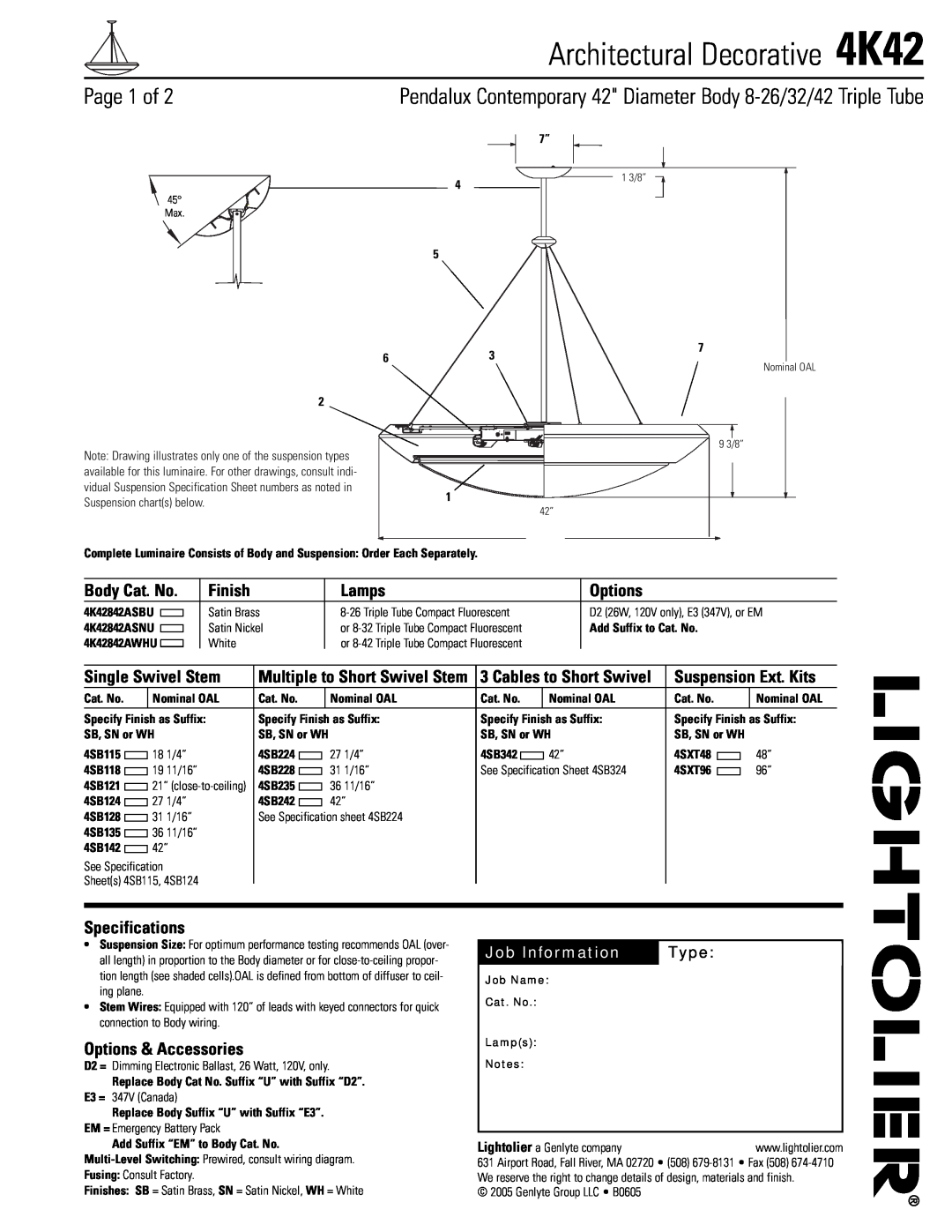 Lightolier specifications Architectural Decorative 4K42, Page 1 of, Body Cat. No, Finish, Lamps, Options, Type 