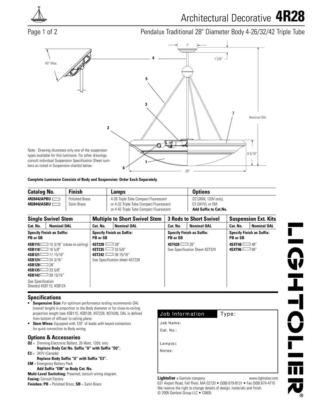 Lightolier 4R28 specifications Catalog No Finish Lamps Options, Single Swivel Stem, Specifications, Options & Accessories 