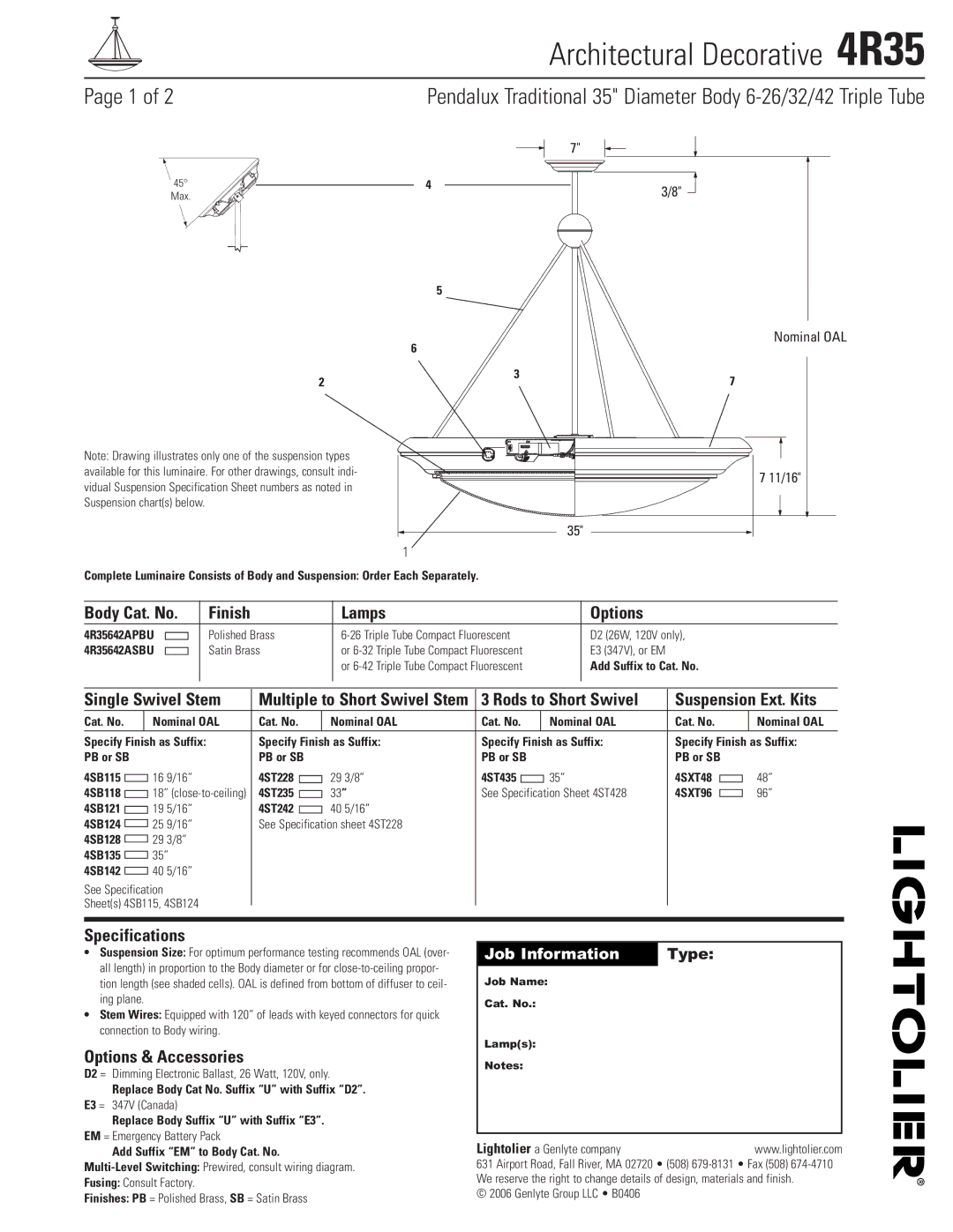 Lightolier 4R35 specifications Body Cat. No Finish Lamps Options, Single Swivel Stem, Specifications 