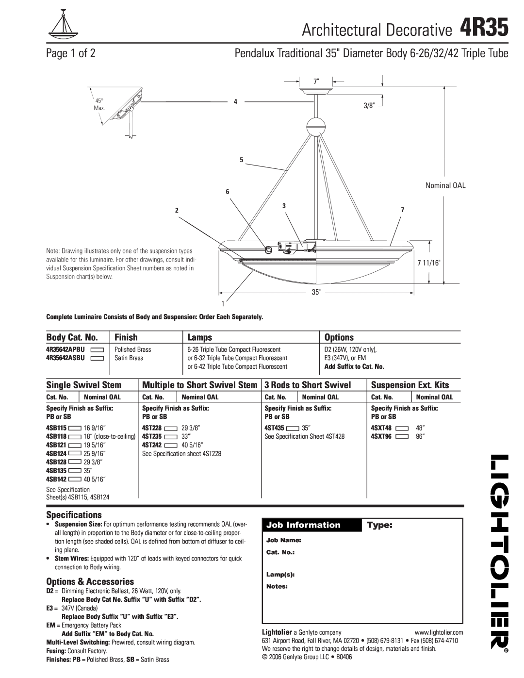 Lightolier specifications Architectural Decorative 4R35, Page 1 of, Body Cat. No, Finish, Lamps, Options, Type, 7 11/16 