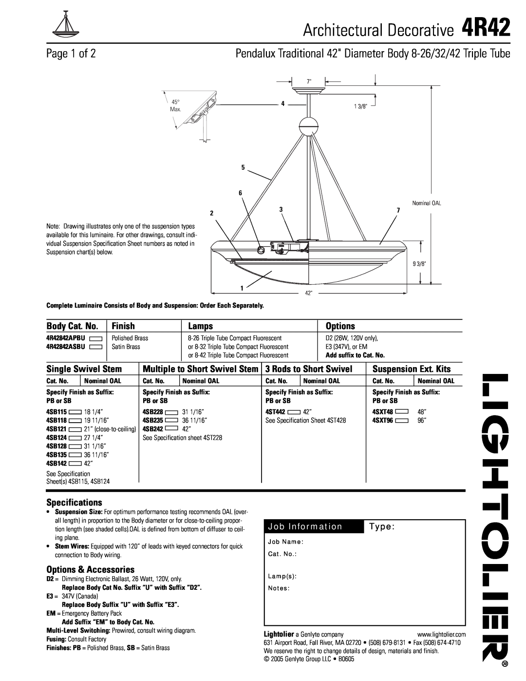 Lightolier specifications Architectural Decorative 4R42, Page 1 of, Finish, Lamps, Options, Single Swivel Stem, Type 