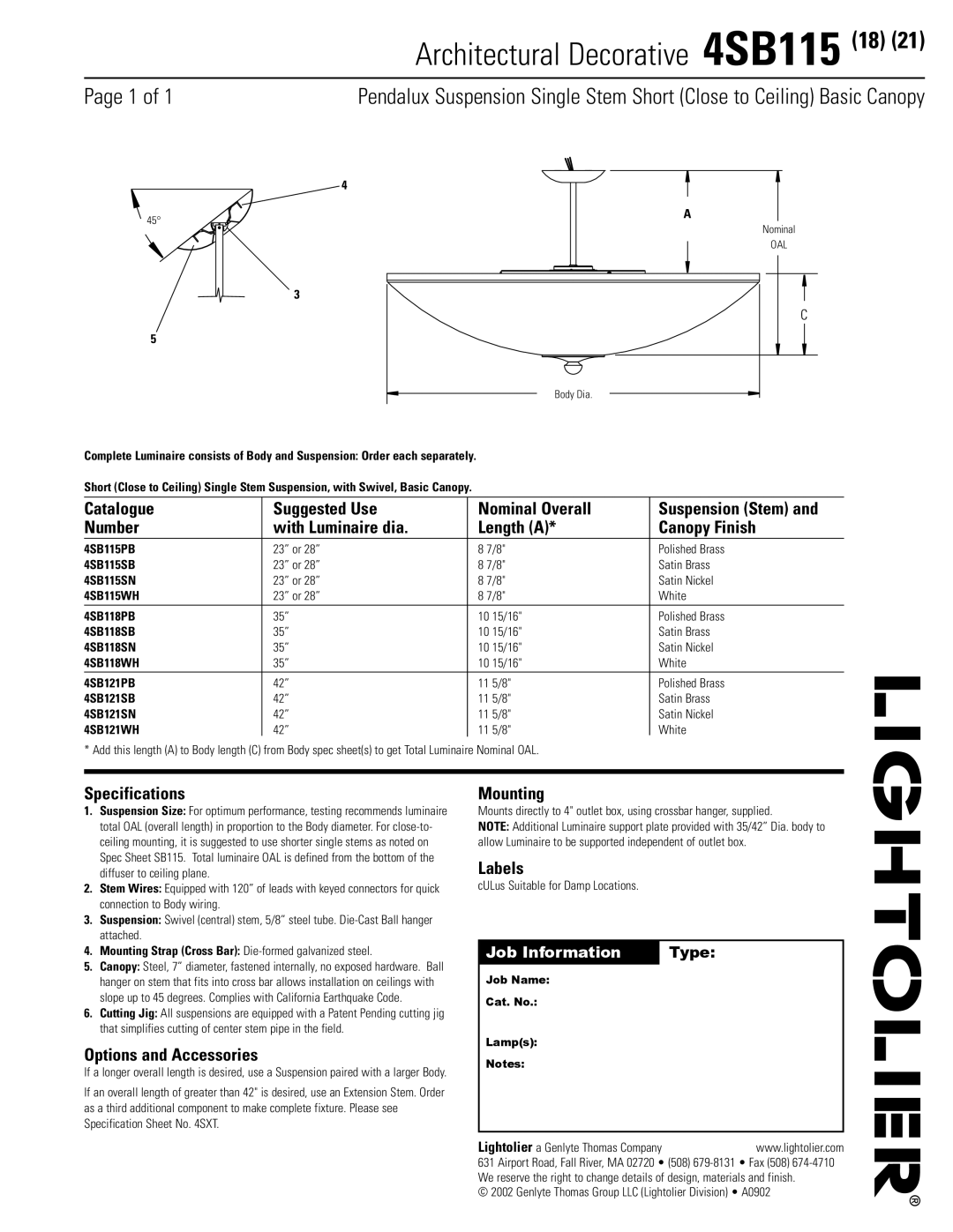 Lightolier specifications Architectural Decorative 4SB115 18 