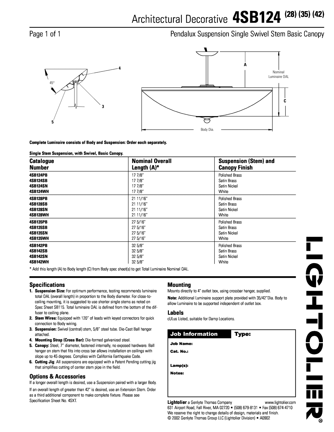 Lightolier specifications Architectural Decorative 4SB124, Page 1 of 